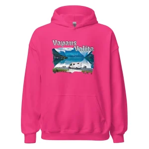 Karavaanarin huppari, jossa Vapaus valita -printti edessä