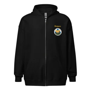 Vetoketjullinen Skeppars huppari jossa painettuna logo edessä ja kuva takana